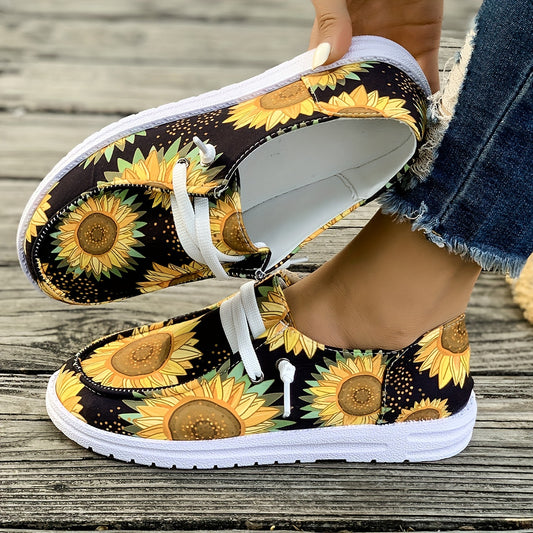 Women's Sunflower Print Low Top Canvas Sneakers – Lightweight, Casual Daily Wear Shoes