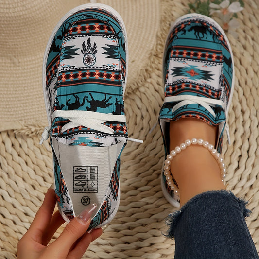 Women's Tribal Pattern Canvas Shoes – Casual Low Top Sneakers for Lightweight Walking