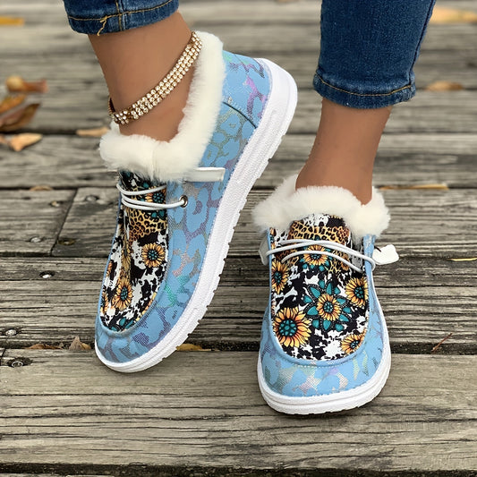 Women's Cozy Sunflower Print Slip-On Winter Sneakers with Warm Plush Lining