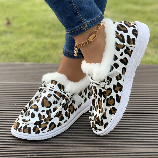 Women's Leopard Print Plush-Lined Slip-On Canvas Sneakers – Cozy Low Tops for Winter