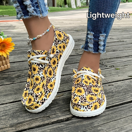 Women's Canvas Shoes – Sunflower & Leopard Print Lace-Up Low Tops, Ultra-Lightweight for All-Day Comfort