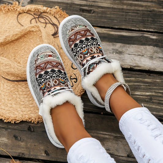 Women's Tribal Pattern Canvas Low Top Sneakers – Plush Lined, Insulated, and Slip-Resistant for Warm Winter Walks