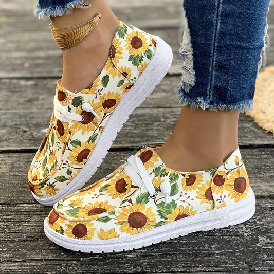 Women's Sunflower Print Canvas Low Top Sneakers – Lightweight Walking Shoes