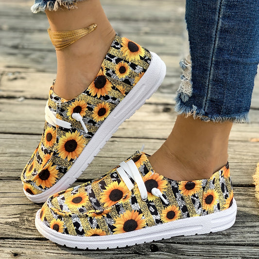 Women's Sunflower Print Slip-On Canvas Sneakers – Casual Low Top, Lightweight for Walking