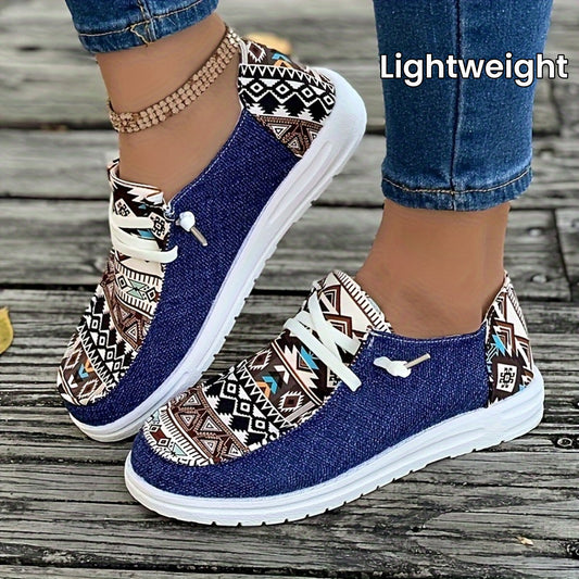 Women's Tribal Pattern Canvas Sneakers – Round Toe, Low Top, Lightweight, Perfect for Casual Outings