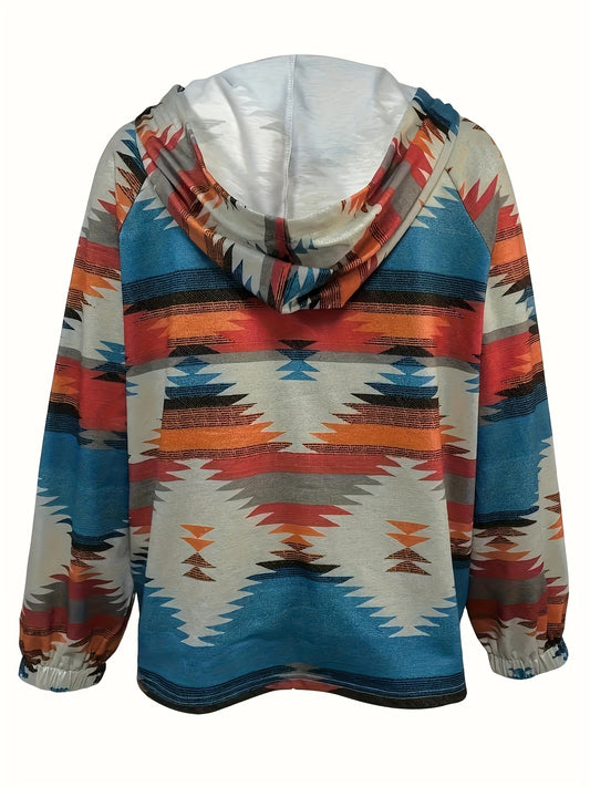 Plus Size Geo Print Zipper Hoodie - Women's Casual Long Sleeve Sweatshirt with Kangaroo Pocket and Drawstring