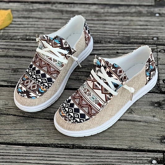 Women's Geometric Pattern Low Top Sneakers – Lightweight Lace-Up Canvas Shoes for Casual Outdoor Wear
