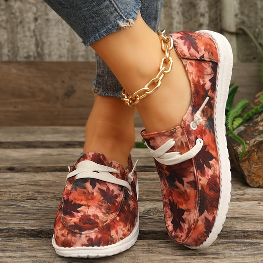 Women's Maple Leaf Print Canvas Sneakers – Lightweight Low-Top Lace-Ups for Spring and Summer