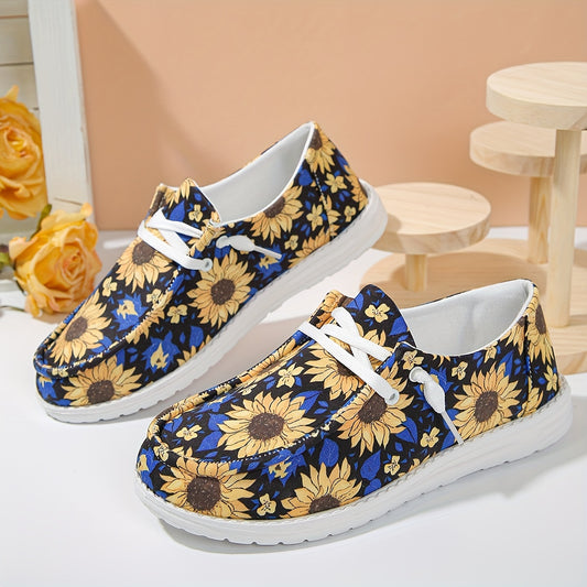 Women's Sunflower Print Low Top Sneakers – Casual Lightweight Lace-Up Shoes for Outdoors
