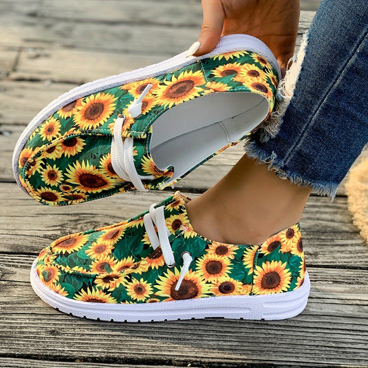 Women's Sunflower Print Slip-On Sneakers – Comfortable, Breathable Casual Loafers for Daily Wear