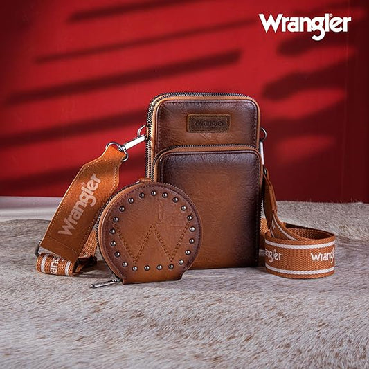 Wrangler Crossbody Cell Phone Purse 3 Zippered Compartment with Coin Pouch - Light Brown