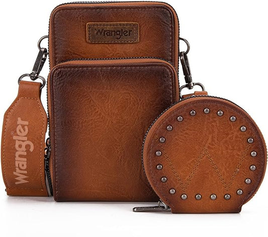 Wrangler Crossbody Cell Phone Purse 3 Zippered Compartment with Coin Pouch - Light Brown