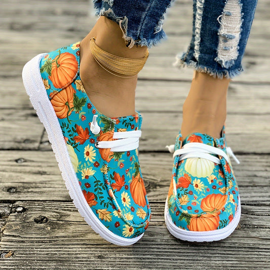 Women's Pumpkin Pattern Canvas Flats – Lightweight, Low-Top Lace-Ups for Casual Wear