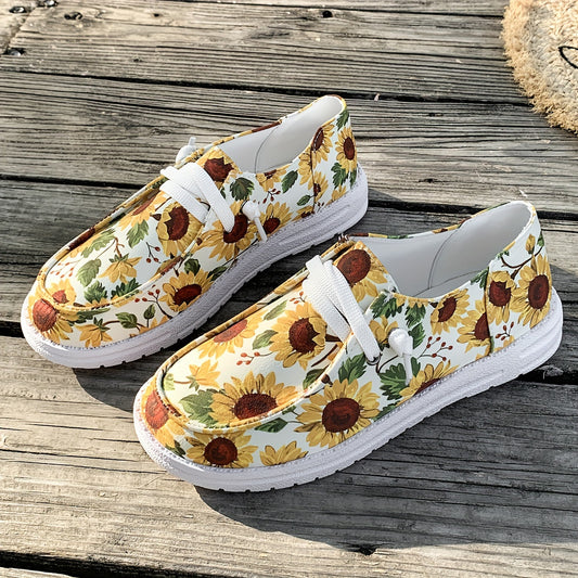 Women's Sunflower Print Canvas Slip-On Loafers – Casual Comfort Sneakers for Outdoor Walking