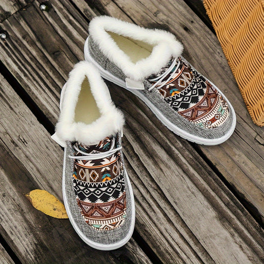 Women's Tribal Pattern Canvas Low Top Sneakers – Plush Lined, Insulated, and Slip-Resistant for Warm Winter Walks
