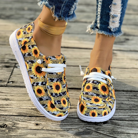 Women's Sunflower Print Slip-On Canvas Sneakers – Casual Low Top, Lightweight for Walking