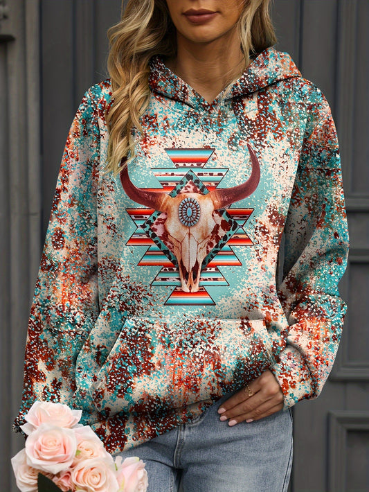 Women's Plus Size Leopard & Aztec Skull Print Hoodie with Kangaroo Pocket, Long Sleeve