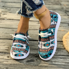 Women's Tribal Print Slip-On Sneakers – Lightweight, Flat Sole for Casual Everyday Wear