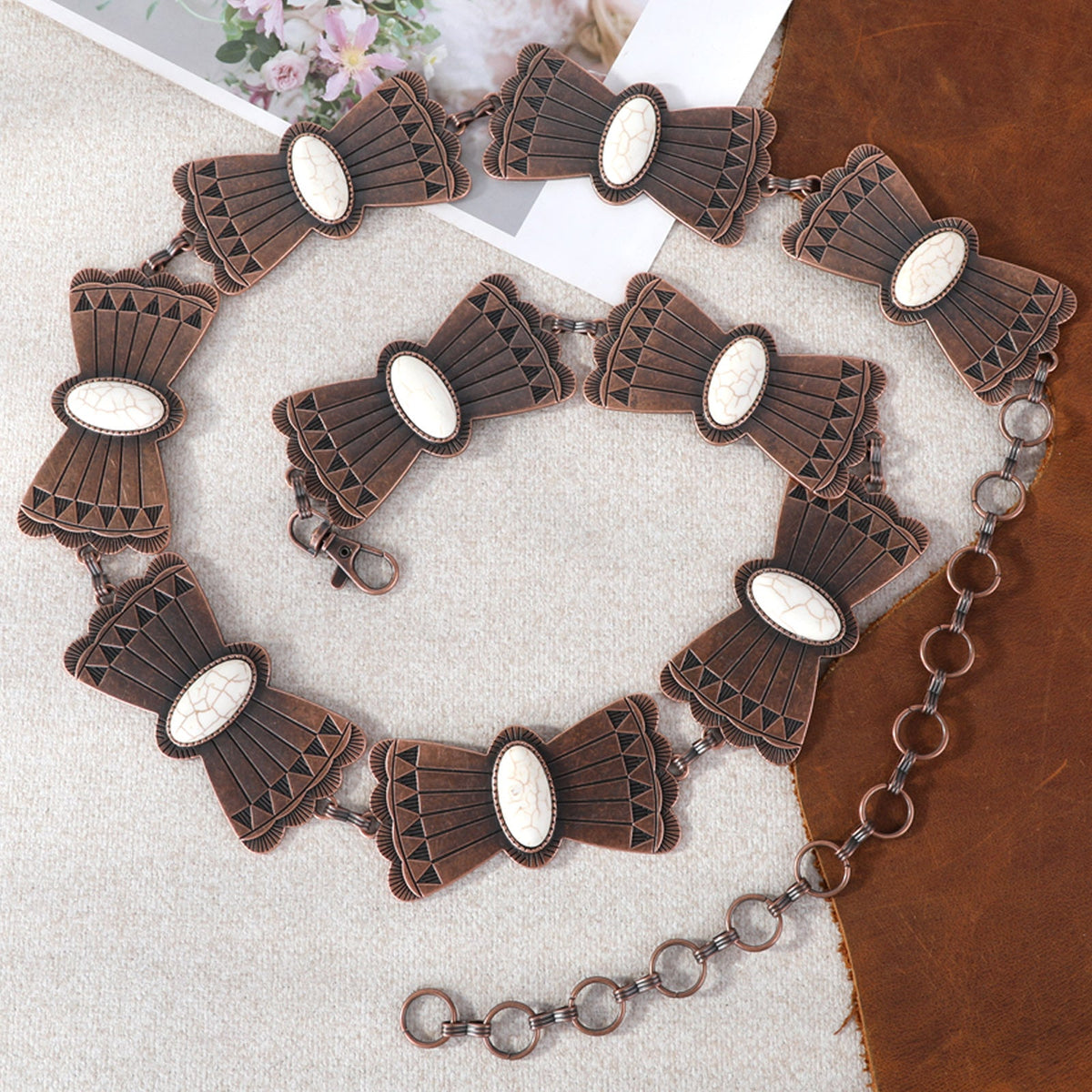 Rustic Couture Copper Mariposa Concho Link Chain Belt with White Inlays