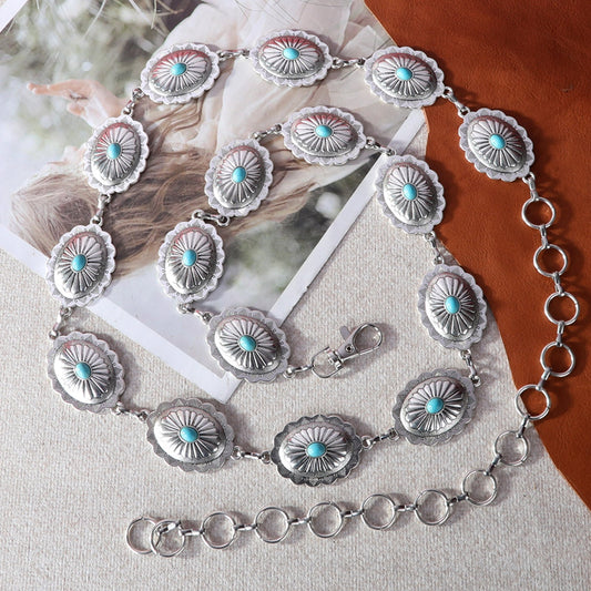 Rustic Couture Etched Silver/Bronze  Oval Stone Centered Concho Link Chain Belt