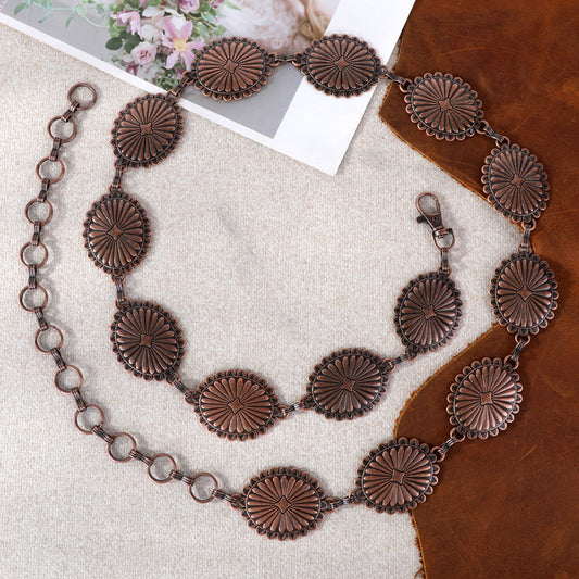 Rustic Couture Etched Bronze Oval Concho Link Chain Belt
