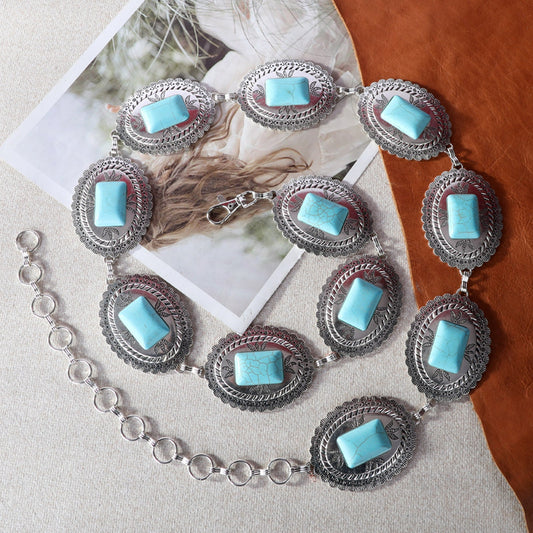 Rustic Couture Etched Silver/Bronzw  Oval Stone Centered Concho Link Chain Belt
