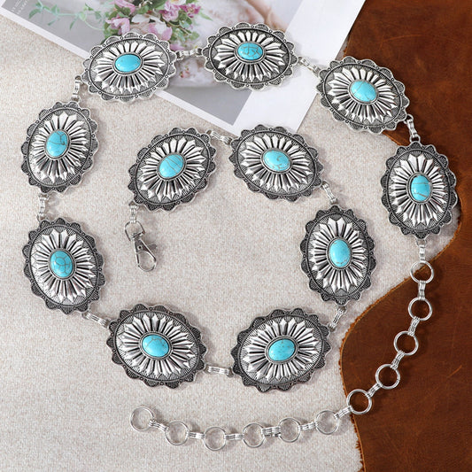 Rustic Couture Etched  Oval Stone Centered Concho Link Chain Belt