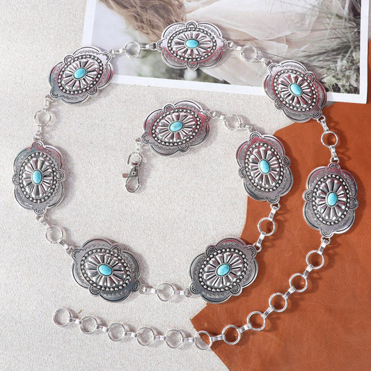 Rustic Couture Etched Oval Stone Centered Concho Link Chain Belt