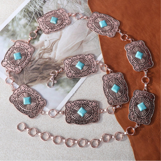 Rustic Couture Etched Square  Stone Centered Concho Link Chain Belt
