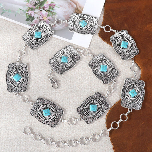 Rustic Couture Etched Square  Stone Centered Concho Link Chain Belt