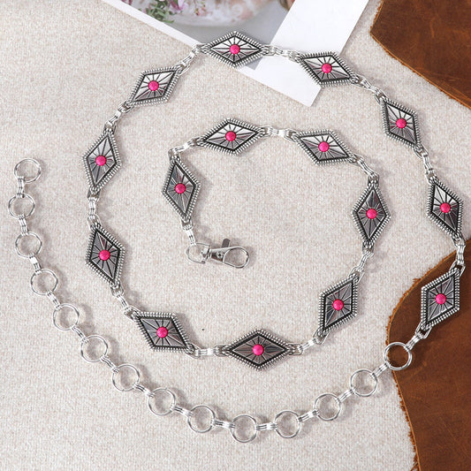 Rustic Couture Silver/Bronze Diamond Shape Etched Concho Link Chain Belt with White Inlays