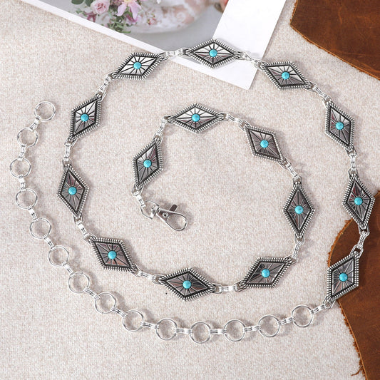 Rustic Couture Silver/Bronze Diamond Shape Etched Concho Link Chain Belt with White Inlays