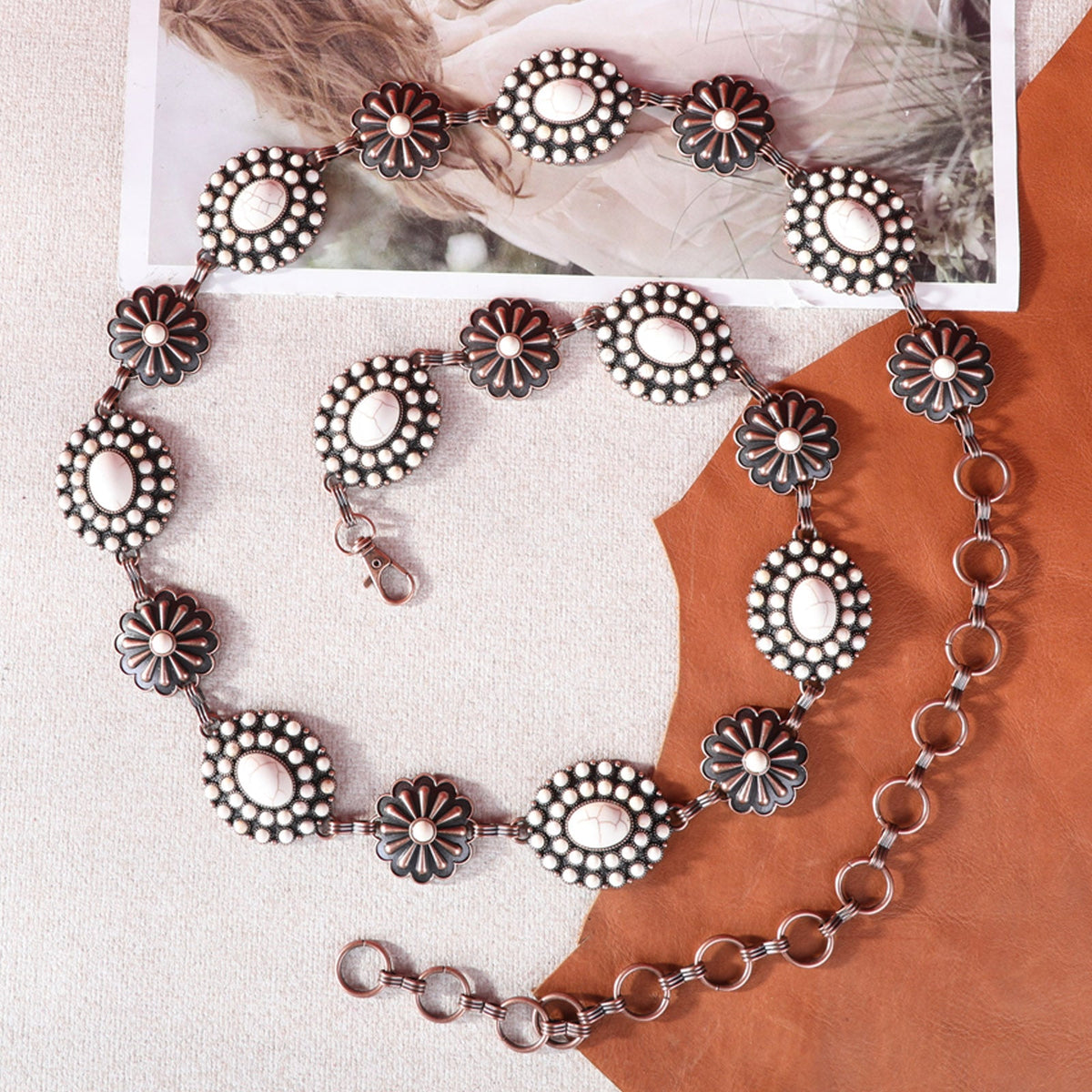 Rustic Couture  Oval Flower Stone Concho and daisy conchos  Link Chain Belt