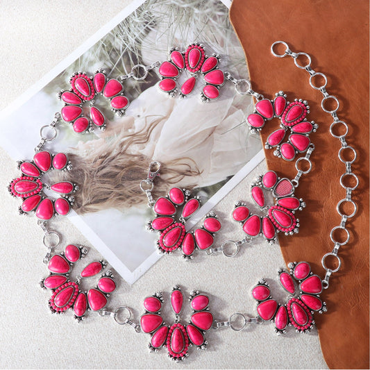 Rustic Couture Etched Oval Flower Stone Concho Link Chain Belt