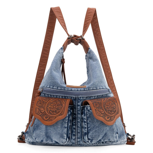 Wrangler Floral Tooled Denim Hobo/Crossbody Backpack (Convertible ) Jean