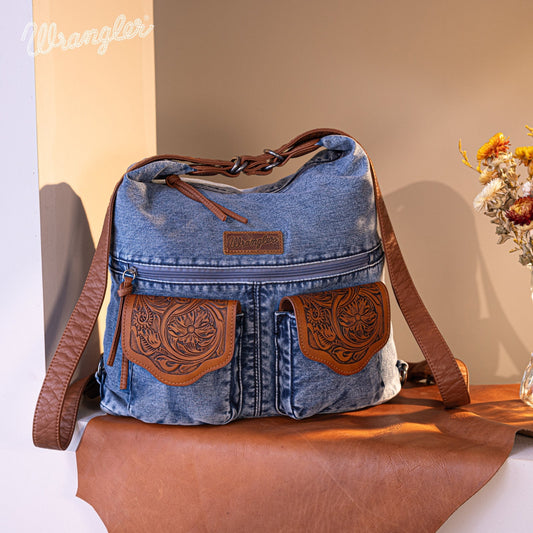 Wrangler Floral Tooled Denim Hobo/Crossbody Backpack (Convertible ) Jean