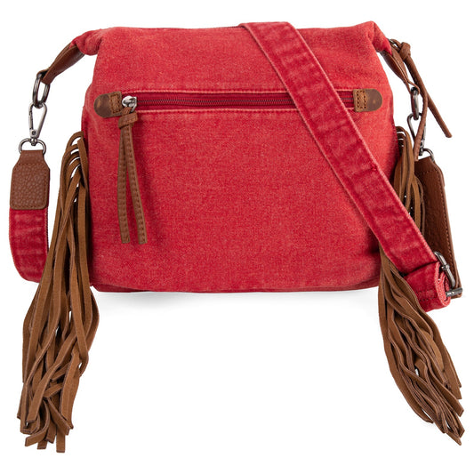 Wrangler Fringe Floral Tooled  Denim Crossbody - Red