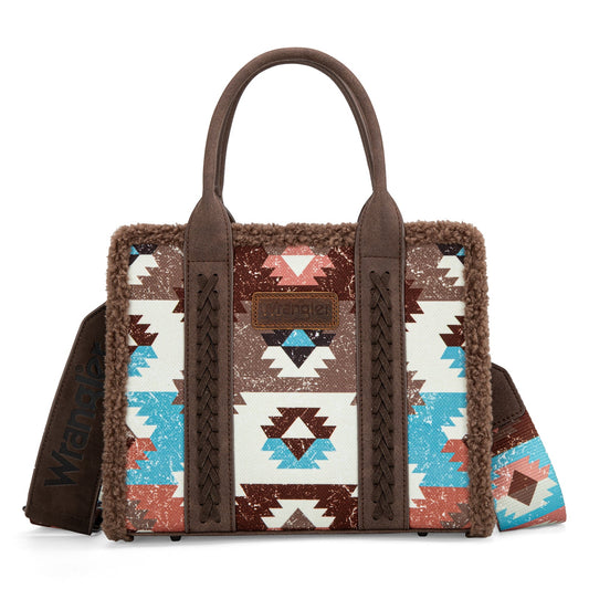 2025 New Wrangler Sherpa Southwestern Print Small Canvas Tote/Crossbody Coffee