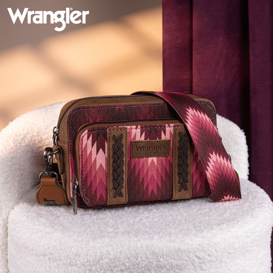 Wrangler Southwestern Pattern Dual Sided Print Crossbody Purse With Wallet Compartment -Dark Pink