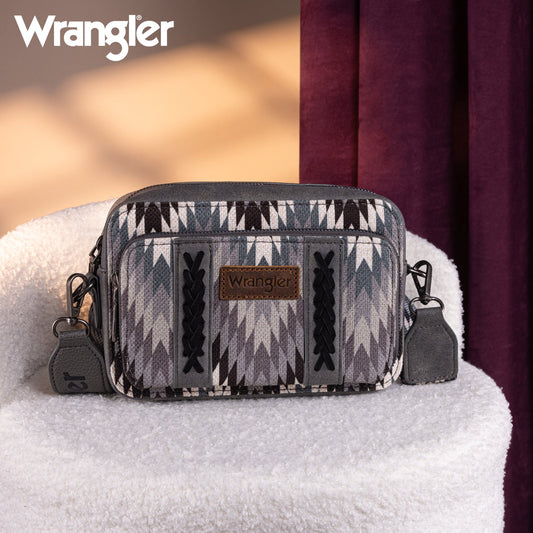 Wrangler Southwestern Pattern Dual Sided Print Crossbody Purse With Wallet Compartment - Grey