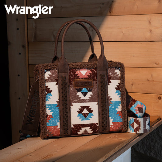 2025 New Wrangler Sherpa Southwestern Print Small Canvas Tote/Crossbody Coffee