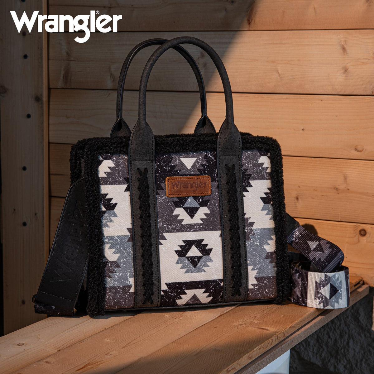 2025 New Wrangler Sherpa Southwestern Print Small Canvas Tote/Crossbody Black