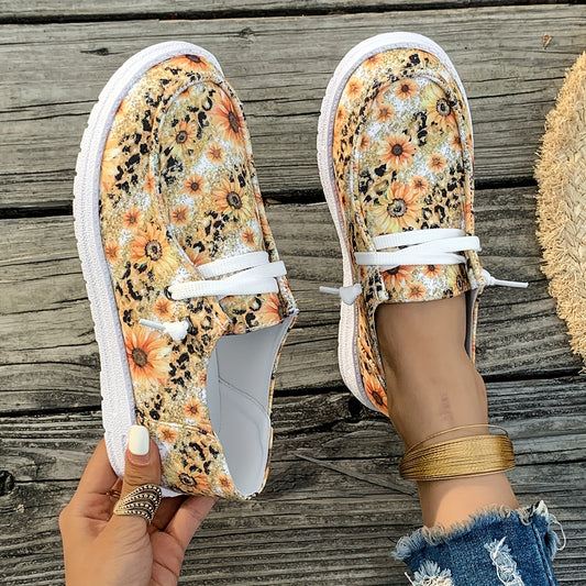 Women's Sunflower Print Low Top Sneakers – Lightweight, Breathable Lace-Ups for All-Season Comfort