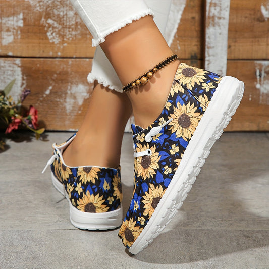 Women's Sunflower Print Low Top Sneakers – Casual Lightweight Lace-Up Shoes for Outdoors