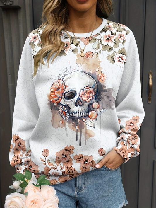 Women's Casual Floral Skull Print Crew Neck Sweatshirt Polyester Spandex Blend Knit Fabric for Fall/Winter