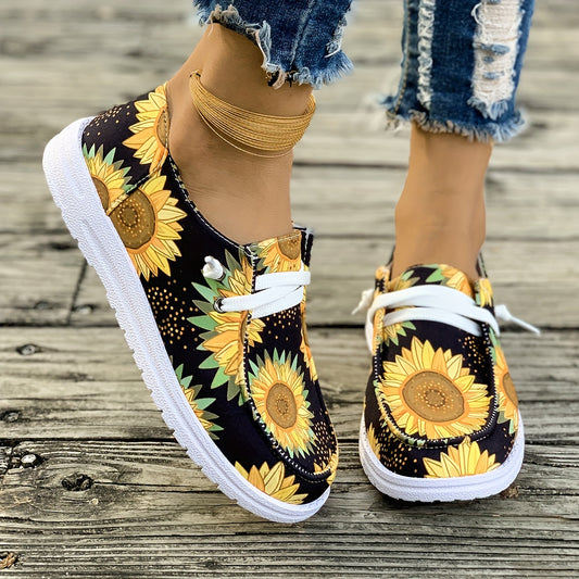 Women's Sunflower Print Low Top Canvas Sneakers – Lightweight, Casual Daily Wear Shoes