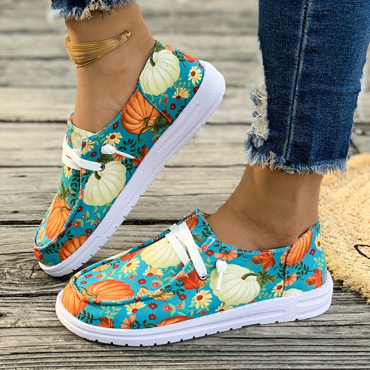 Women's Pumpkin & Floral Print Canvas Slip-On Sneakers – Lightweight, Comfortable Low-Top Loafers