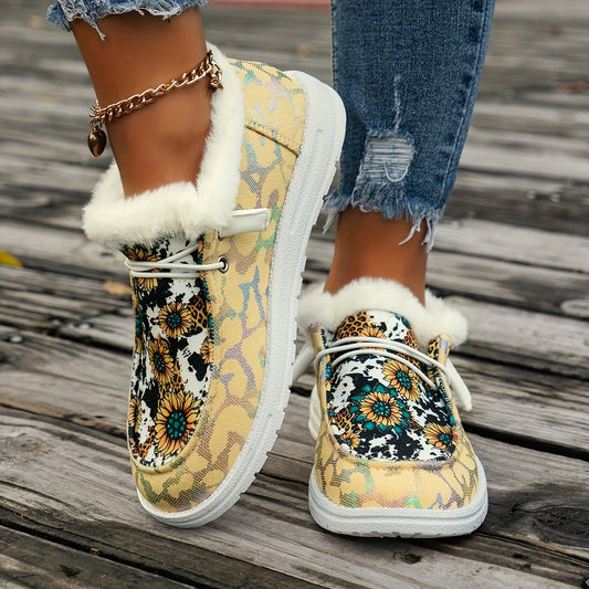 Women's Sunflower Print Low Top Sneakers – Plush Lined and Insulated for Warmth, Ideal for Winter Walks