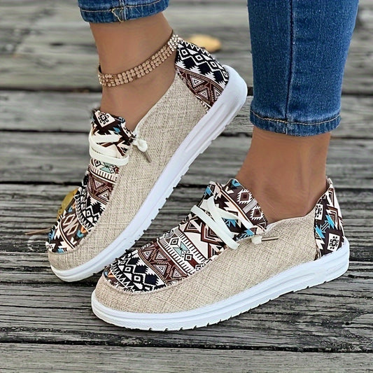 Women's Geometric Pattern Low Top Sneakers – Lightweight Lace-Up Canvas Shoes for Casual Outdoor Wear