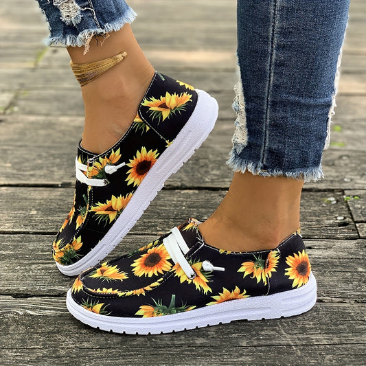 Women's Sunflower Print Canvas Loafers – Lightweight Lace-Up Low Tops for All-Season Casual Wear